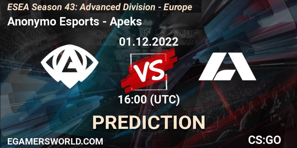 Prognoza Anonymo Esports - Apeks. 01.12.22, CS2 (CS:GO), ESEA Season 43: Advanced Division - Europe