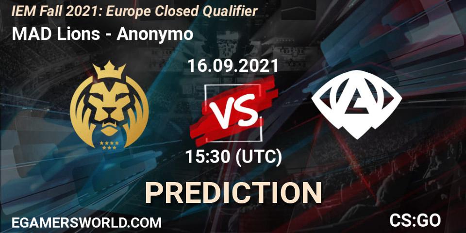 Prognoza MAD Lions - Anonymo. 16.09.2021 at 15:30, Counter-Strike (CS2), IEM Fall 2021: Europe Closed Qualifier