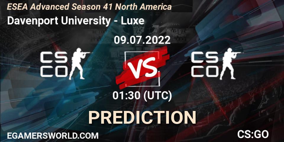 Prognoza Davenport University - Luxe. 09.07.2022 at 01:30, Counter-Strike (CS2), ESEA Advanced Season 41 North America
