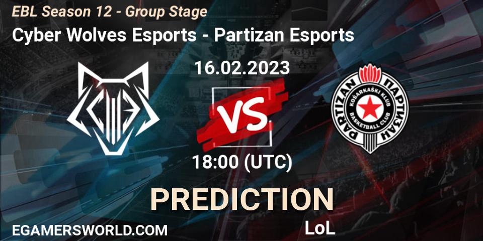 Prognoza Cyber Wolves Esports - Partizan Esports. 16.02.23, LoL, EBL Season 12 - Group Stage