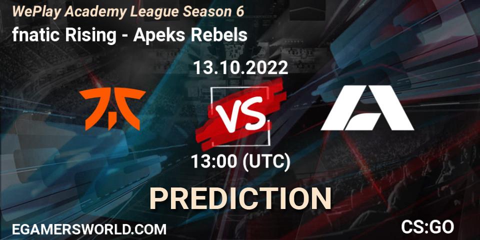 Prognoza fnatic Rising - Apeks Rebels. 13.10.2022 at 13:00, Counter-Strike (CS2), WePlay Academy League Season 6