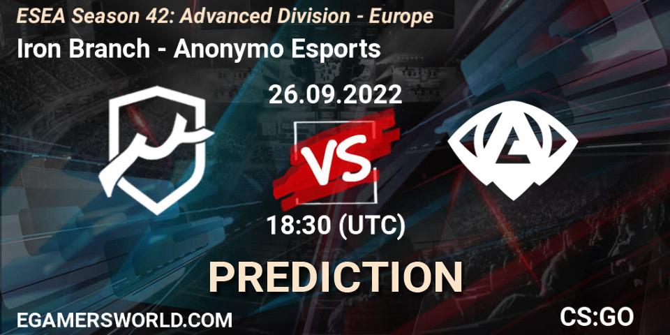 Prognoza Iron Branch - Anonymo Esports. 27.09.2022 at 18:10, Counter-Strike (CS2), ESEA Season 42: Advanced Division - Europe