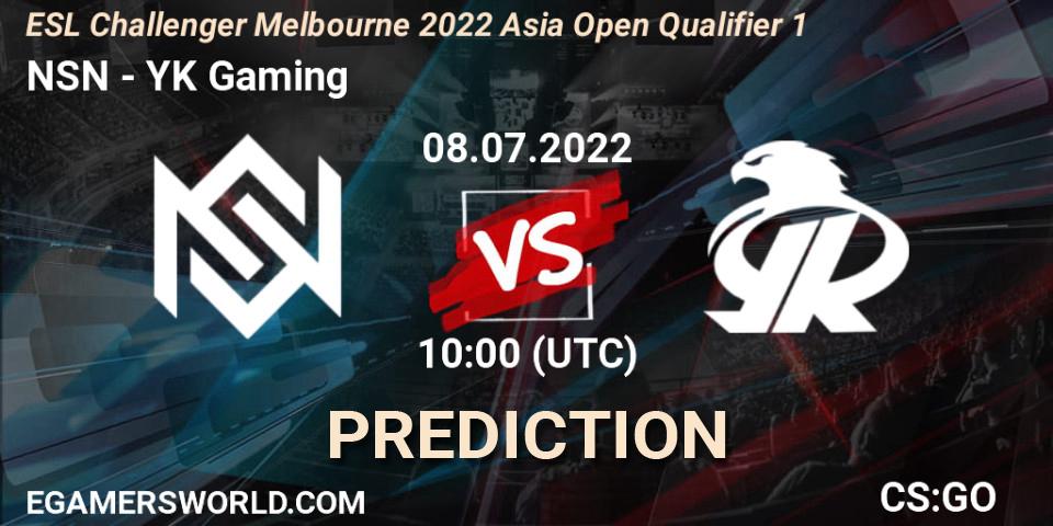 Prognoza NSN - YK Gaming. 08.07.2022 at 10:00, Counter-Strike (CS2), ESL Challenger Melbourne 2022 Asia Open Qualifier 1
