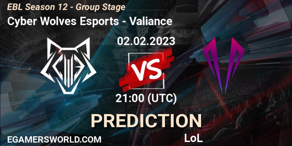 Prognoza Cyber Wolves Esports - Valiance. 02.02.2023 at 21:15, LoL, EBL Season 12 - Group Stage