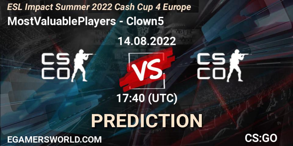 Prognoza MostValuablePlayers - Clown5. 14.08.2022 at 17:40, Counter-Strike (CS2), ESL Impact Summer 2022 Cash Cup 4 Europe