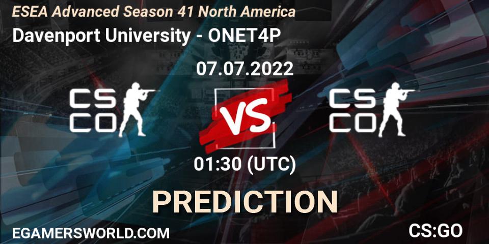 Prognoza Davenport University - ONET4P. 07.07.2022 at 01:00, Counter-Strike (CS2), ESEA Advanced Season 41 North America