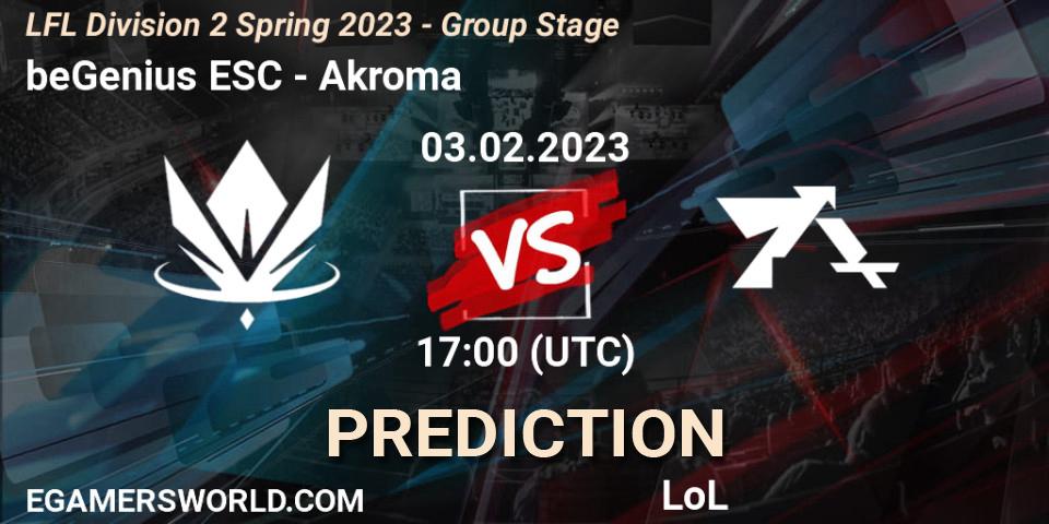 Prognoza beGenius ESC - Akroma. 03.02.2023 at 17:00, LoL, LFL Division 2 Spring 2023 - Group Stage