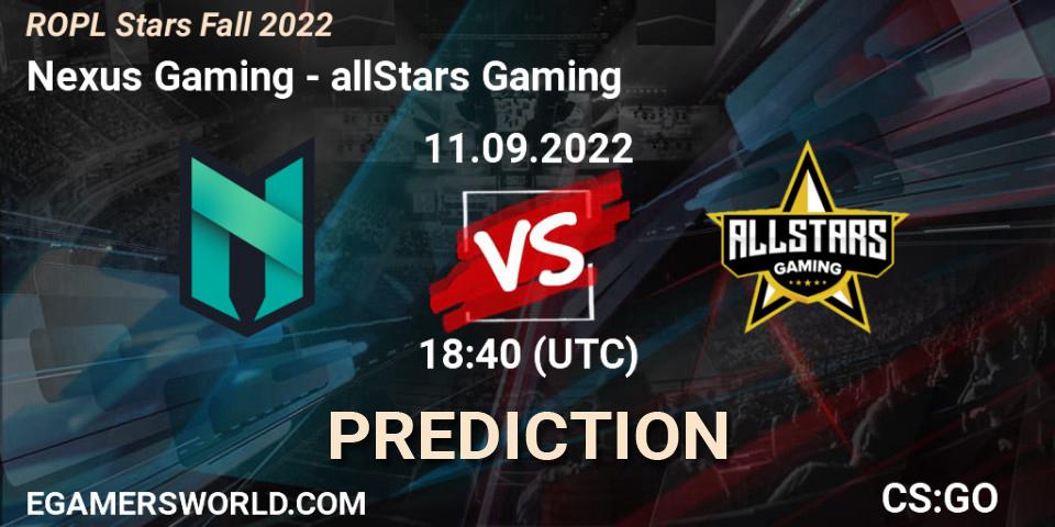Prognoza Nexus Gaming - allStars Gaming. 11.09.2022 at 18:40, Counter-Strike (CS2), ROPL Stars Fall 2022