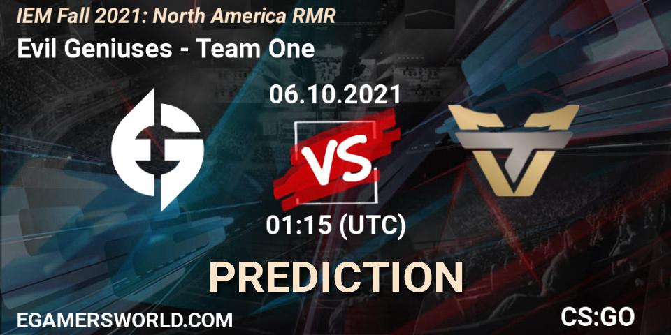 Prognoza Evil Geniuses - Team One. 06.10.2021 at 01:20, Counter-Strike (CS2), IEM Fall 2021: North America RMR