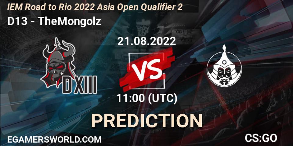 Prognoza D13 - TheMongolz. 21.08.2022 at 11:00, Counter-Strike (CS2), IEM Road to Rio 2022 Asia Open Qualifier 2