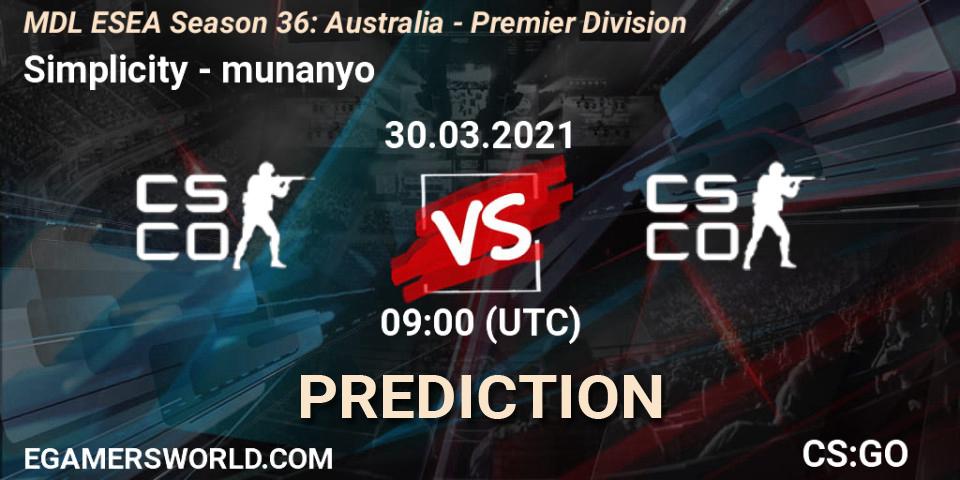 Prognoza Simplicity - munanyo. 30.03.2021 at 09:00, Counter-Strike (CS2), MDL ESEA Season 36: Australia - Premier Division