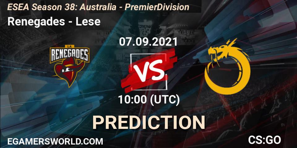 Prognoza Renegades - Lese. 07.09.2021 at 10:00, Counter-Strike (CS2), ESEA Season 38: Australia - Premier Division