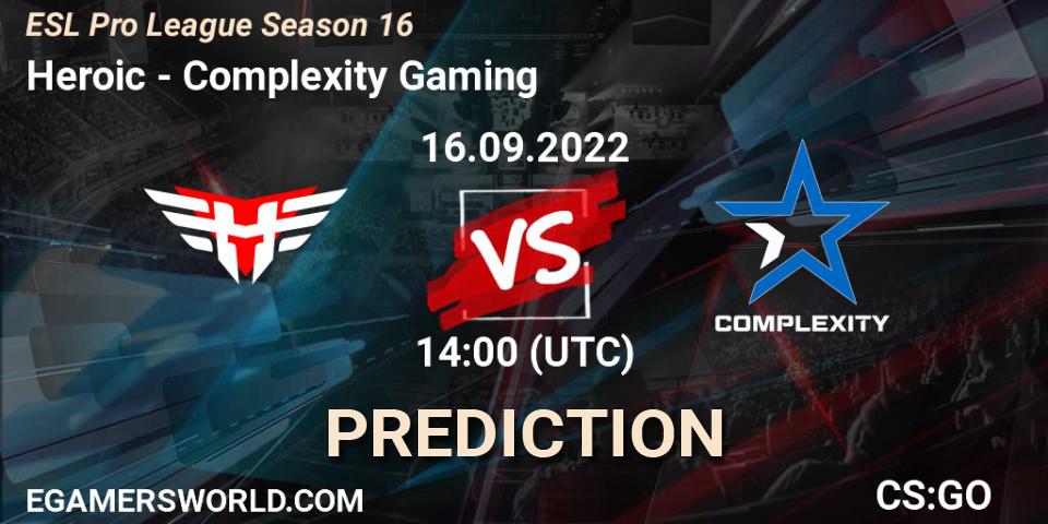 Prognoza Heroic - Complexity Gaming. 16.09.2022 at 14:45, Counter-Strike (CS2), ESL Pro League Season 16