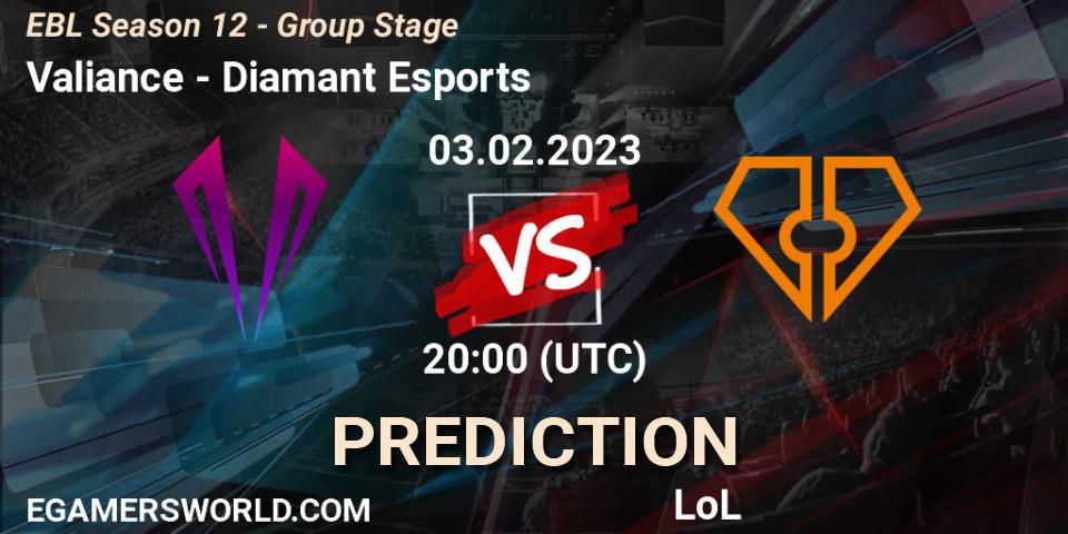 Prognoza Valiance - Diamant Esports. 03.02.2023 at 20:00, LoL, EBL Season 12 - Group Stage