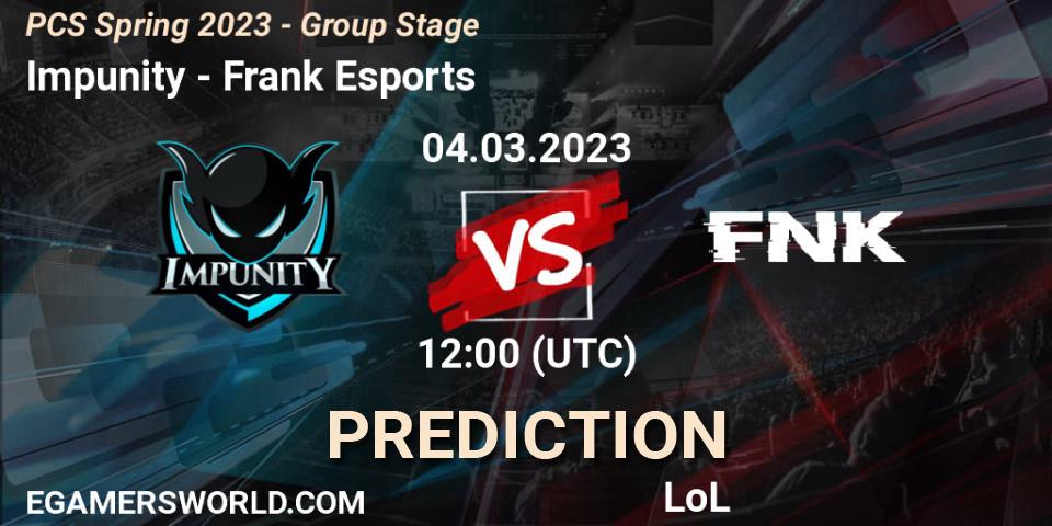 Prognoza Impunity - Frank Esports. 11.02.2023 at 12:10, LoL, PCS Spring 2023 - Group Stage