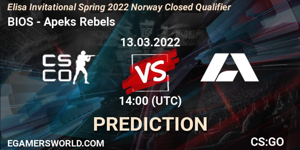 Prognoza BIOS - Apeks Rebels. 13.03.2022 at 14:00, Counter-Strike (CS2), Elisa Invitational Spring 2022 Norway Closed Qualifier