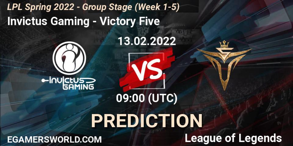 Prognoza Invictus Gaming - Victory Five. 13.02.2022 at 10:00, LoL, LPL Spring 2022 - Group Stage (Week 1-5)