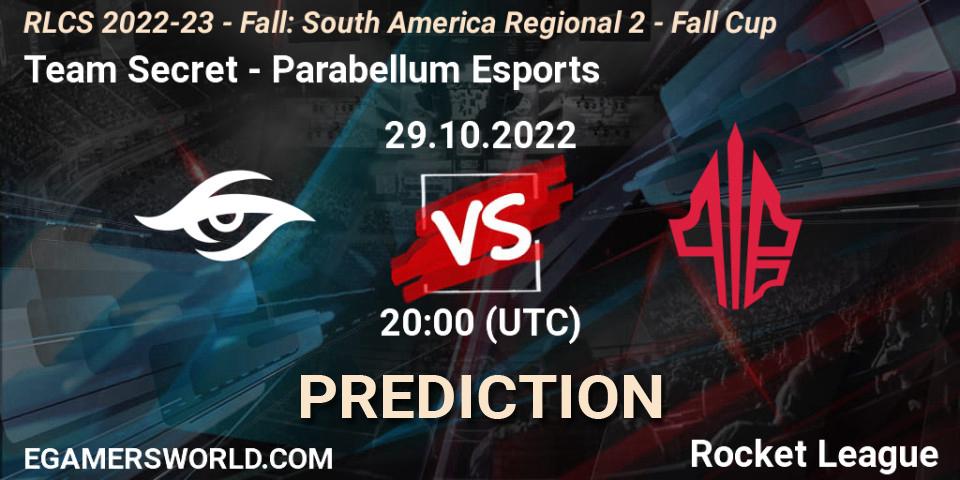 Prognoza Team Secret - Parabellum Esports. 29.10.2022 at 20:00, Rocket League, RLCS 2022-23 - Fall: South America Regional 2 - Fall Cup