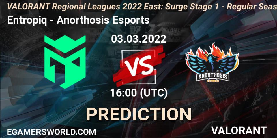 Prognoza Entropiq - Anorthosis Esports. 03.03.2022 at 16:00, VALORANT, VALORANT Regional Leagues 2022 East: Surge Stage 1 - Regular Season