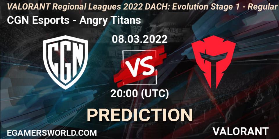 Prognoza CGN Esports - Angry Titans. 08.03.2022 at 20:00, VALORANT, VALORANT Regional Leagues 2022 DACH: Evolution Stage 1 - Regular Season