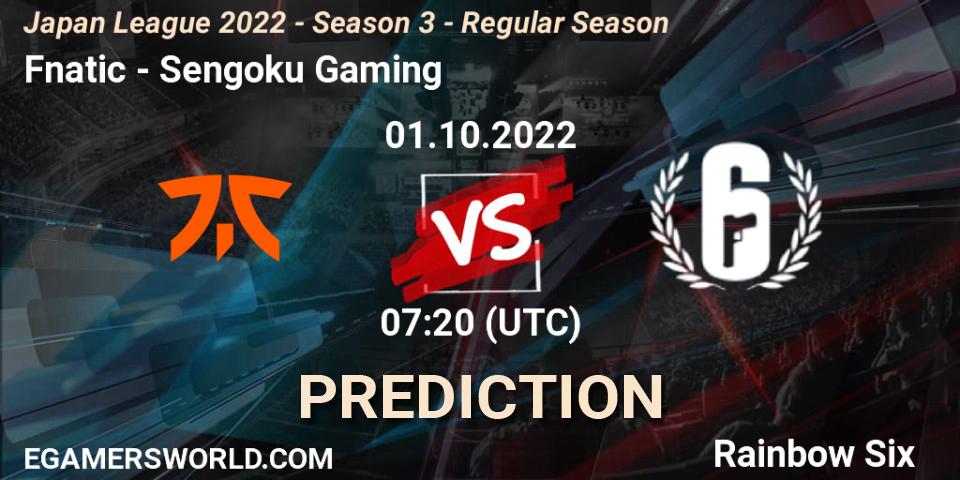Prognoza Fnatic - Sengoku Gaming. 01.10.2022 at 07:20, Rainbow Six, Japan League 2022 - Season 3 - Regular Season