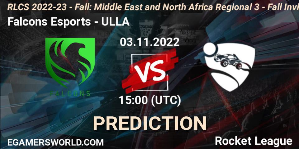 Prognoza Falcons Esports - ULLA. 03.11.2022 at 15:00, Rocket League, RLCS 2022-23 - Fall: Middle East and North Africa Regional 3 - Fall Invitational