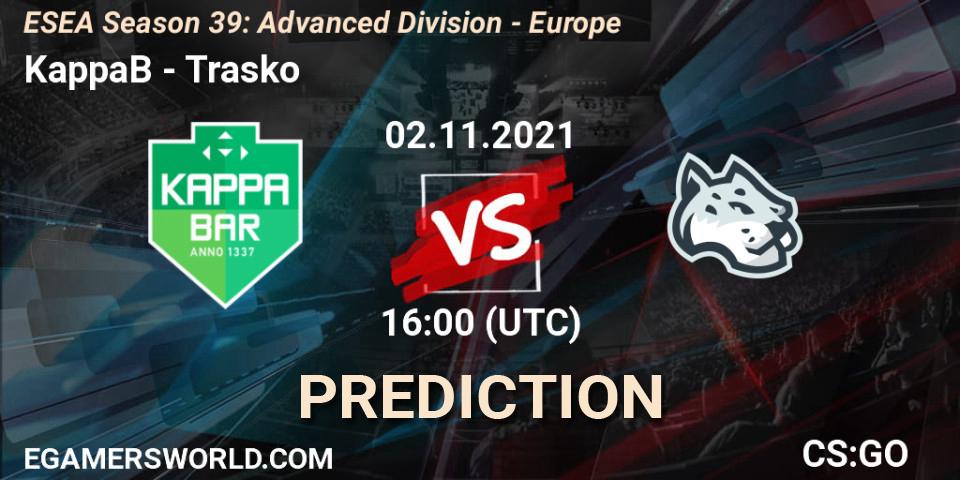 Prognoza KappaB - Trasko. 02.11.2021 at 16:00, Counter-Strike (CS2), ESEA Season 39: Advanced Division - Europe