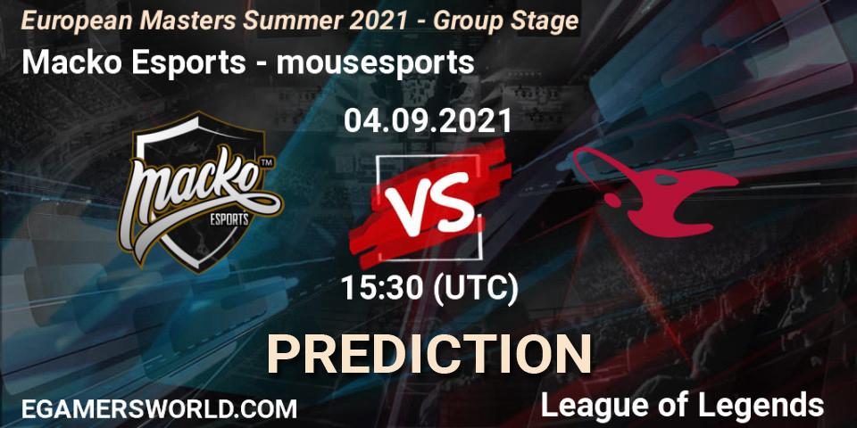 Prognoza Macko Esports - mousesports. 04.09.2021 at 15:30, LoL, European Masters Summer 2021 - Group Stage