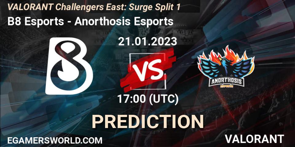 Prognoza B8 Esports - Anorthosis Esports. 21.01.2023 at 17:15, VALORANT, VALORANT Challengers 2023 East: Surge Split 1