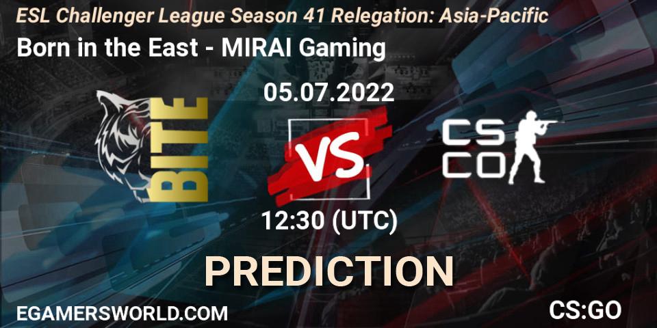 Prognoza Born in the East - MIRAI Gaming. 05.07.2022 at 12:30, Counter-Strike (CS2), ESL Challenger League Season 41 Relegation: Asia-Pacific