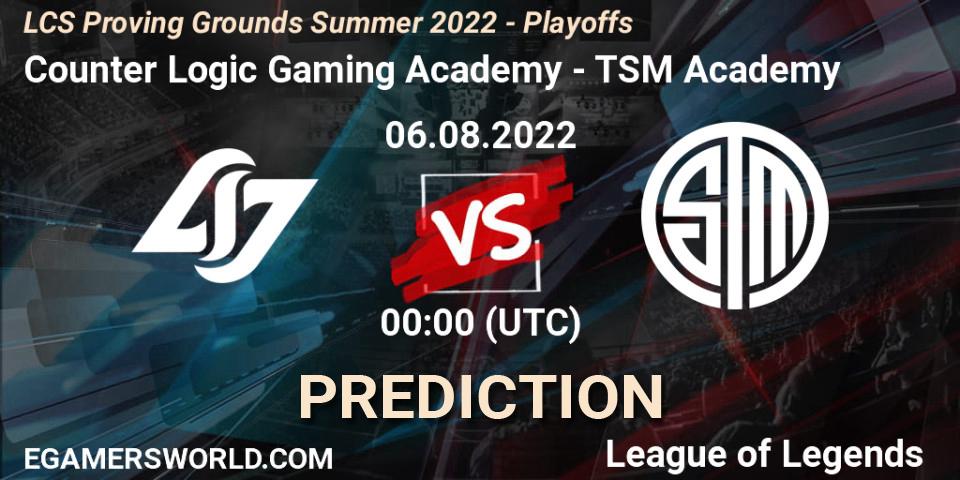Prognoza Counter Logic Gaming Academy - TSM Academy. 06.08.2022 at 00:00, LoL, LCS Proving Grounds Summer 2022 - Playoffs