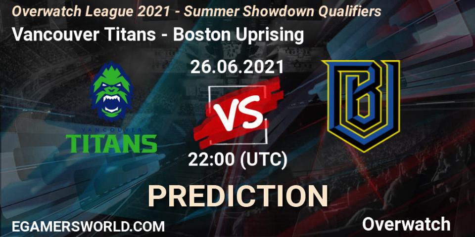 Prognoza Vancouver Titans - Boston Uprising. 26.06.2021 at 23:00, Overwatch, Overwatch League 2021 - Summer Showdown Qualifiers