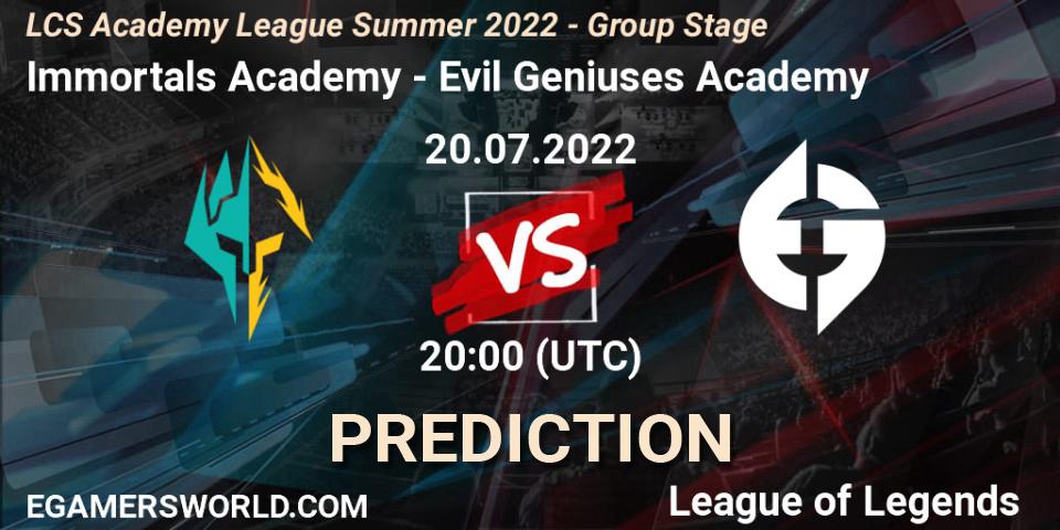 Prognoza Immortals Academy - Evil Geniuses Academy. 20.07.2022 at 20:00, LoL, LCS Academy League Summer 2022 - Group Stage