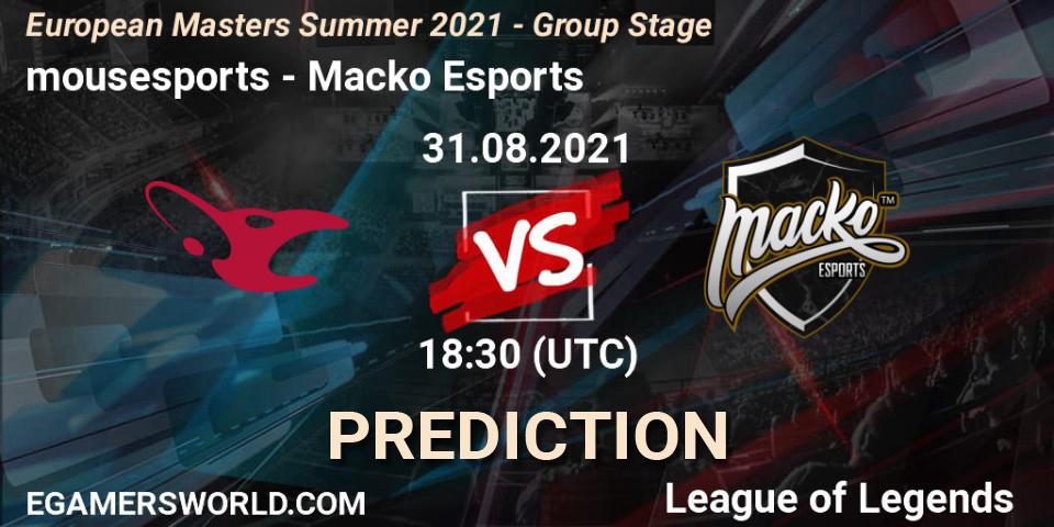 Prognoza mousesports - Macko Esports. 31.08.2021 at 18:30, LoL, European Masters Summer 2021 - Group Stage