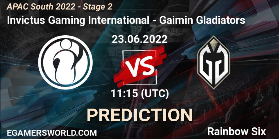 Prognoza Invictus Gaming International - Gaimin Gladiators. 23.06.2022 at 11:15, Rainbow Six, APAC South 2022 - Stage 2
