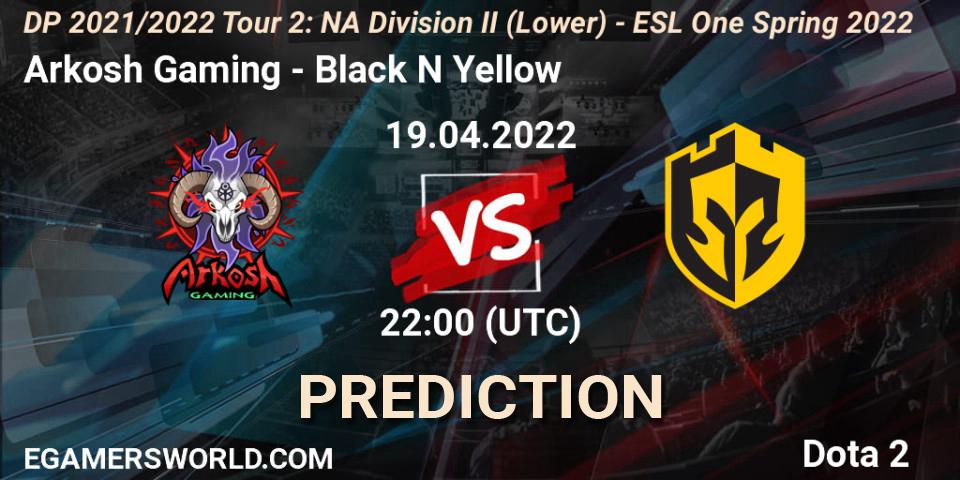 Prognoza Arkosh Gaming - Black N Yellow. 19.04.2022 at 21:57, Dota 2, DP 2021/2022 Tour 2: NA Division II (Lower) - ESL One Spring 2022