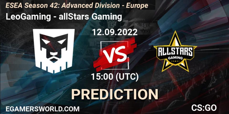 Prognoza LeoGaming - allStars Gaming. 12.09.2022 at 15:00, Counter-Strike (CS2), ESEA Season 42: Advanced Division - Europe