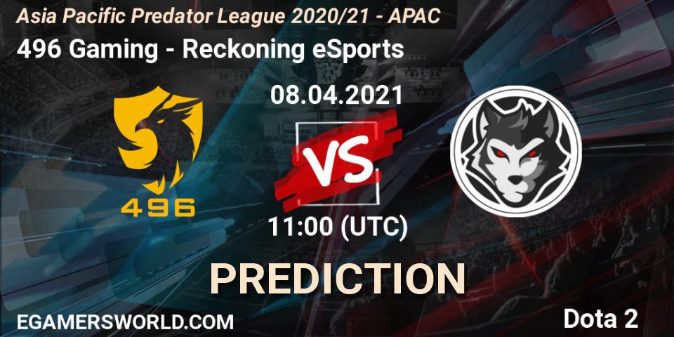 Prognoza 496 Gaming - Reckoning eSports. 08.04.2021 at 11:02, Dota 2, Asia Pacific Predator League 2020/21 - APAC