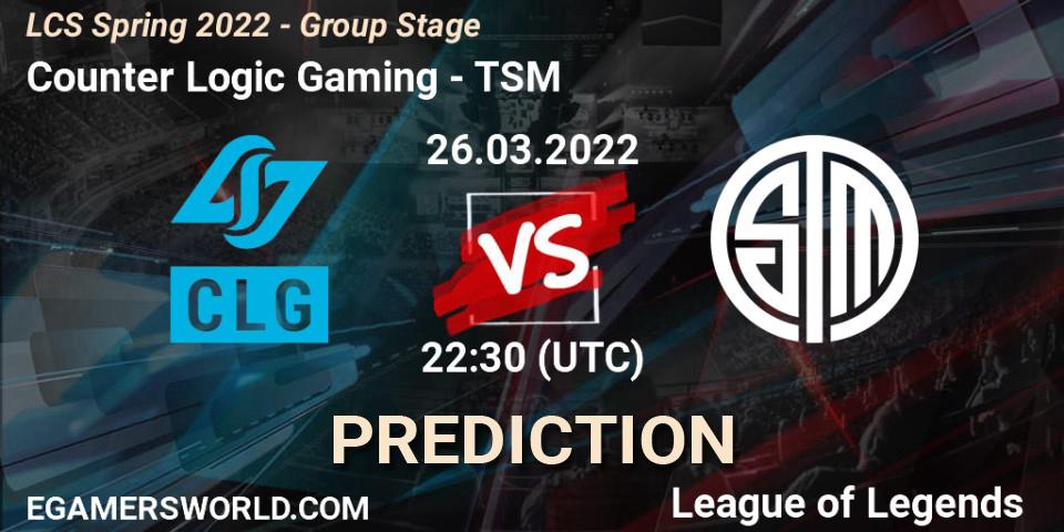 Prognoza Counter Logic Gaming - TSM. 26.03.2022 at 23:30, LoL, LCS Spring 2022 - Group Stage