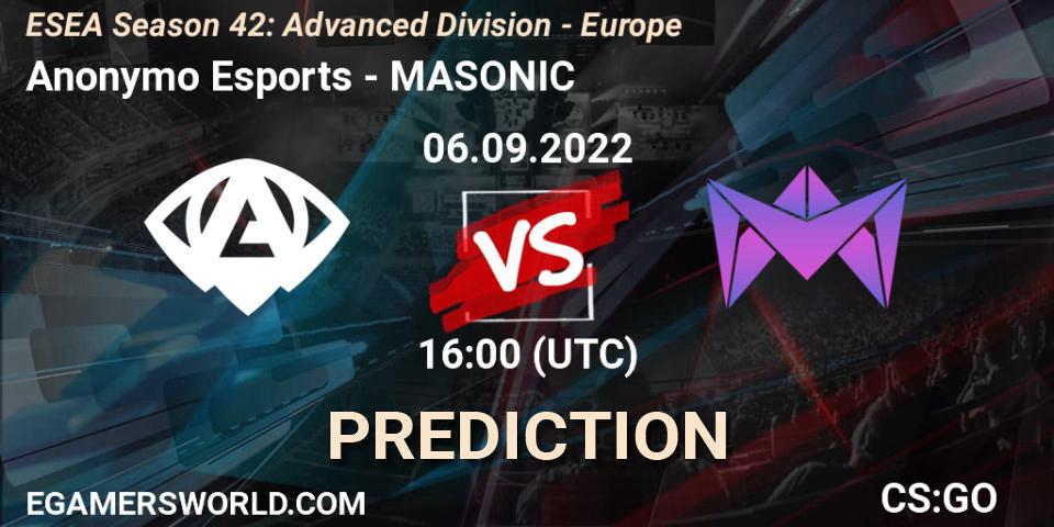 Prognoza Anonymo Esports - MASONIC. 06.09.22, CS2 (CS:GO), ESEA Season 42: Advanced Division - Europe