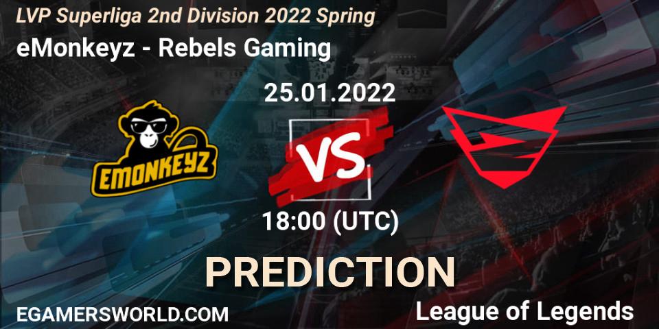 Prognoza eMonkeyz - Rebels Gaming. 26.01.2022 at 18:00, LoL, LVP Superliga 2nd Division 2022 Spring