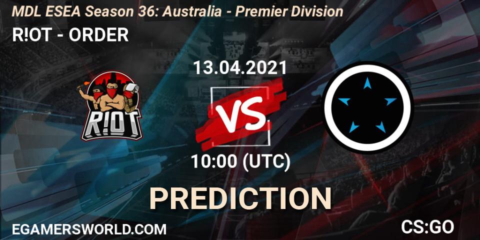 Prognoza R!OT - ORDER. 13.04.2021 at 10:00, Counter-Strike (CS2), MDL ESEA Season 36: Australia - Premier Division