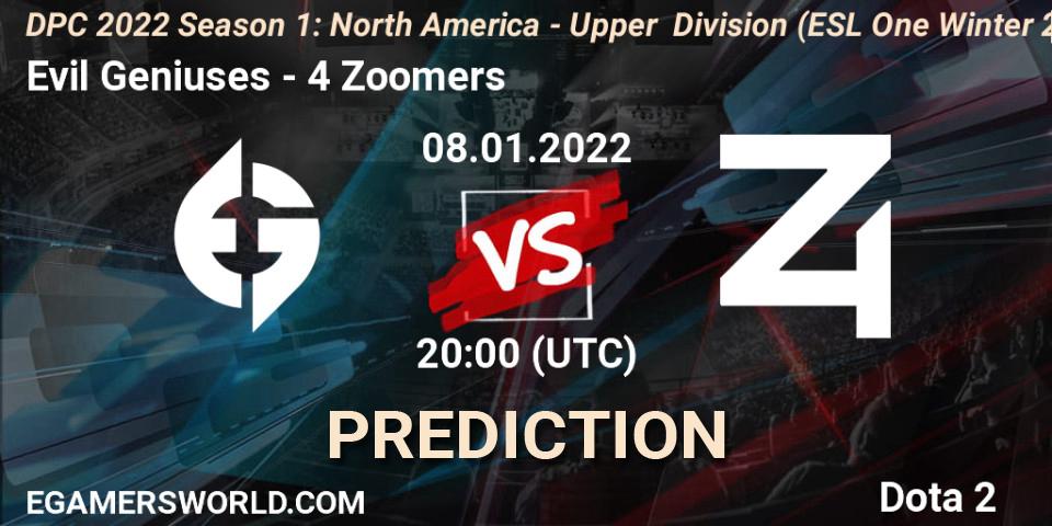 Prognoza Evil Geniuses - 4 Zoomers. 08.01.2022 at 20:13, Dota 2, DPC 2022 Season 1: North America - Upper Division (ESL One Winter 2021)