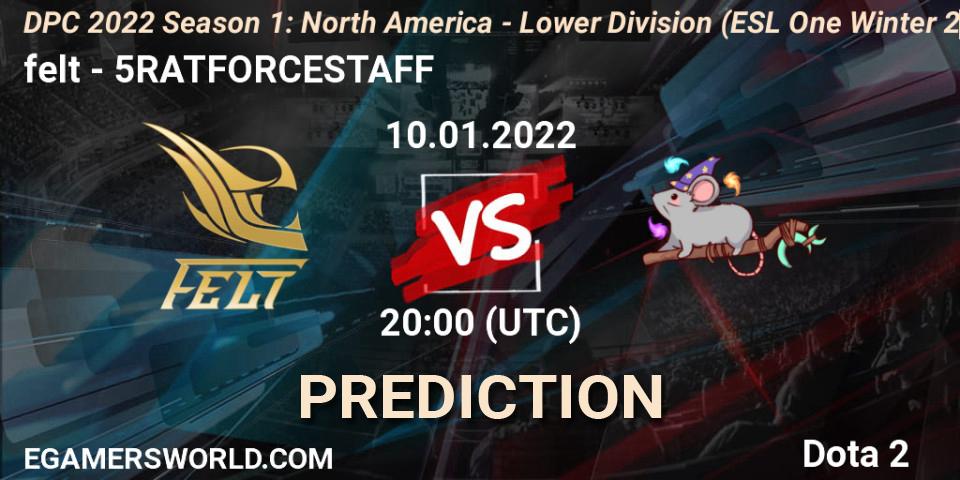 Prognoza felt - 5RATFORCESTAFF. 10.01.2022 at 20:22, Dota 2, DPC 2022 Season 1: North America - Lower Division (ESL One Winter 2021)