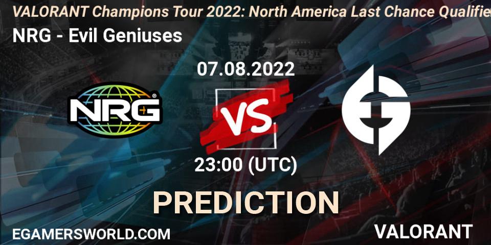 Prognoza NRG - Evil Geniuses. 07.08.22, VALORANT, VCT 2022: North America Last Chance Qualifier