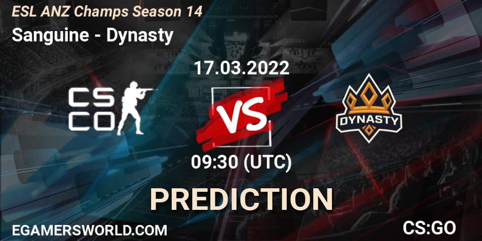 Prognoza Sanguine - Dynasty. 17.03.2022 at 10:50, Counter-Strike (CS2), ESL ANZ Champs Season 14