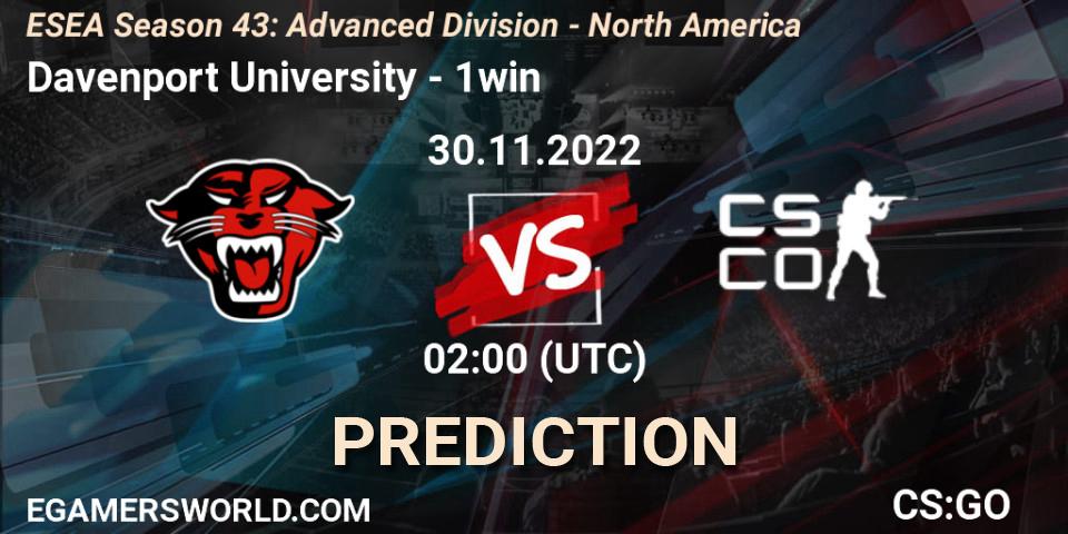 Prognoza Davenport University - 1win. 04.12.2022 at 02:00, Counter-Strike (CS2), ESEA Season 43: Advanced Division - North America