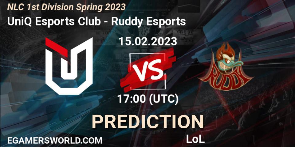Prognoza UniQ Esports Club - Ruddy Esports. 15.02.2023 at 17:00, LoL, NLC 1st Division Spring 2023