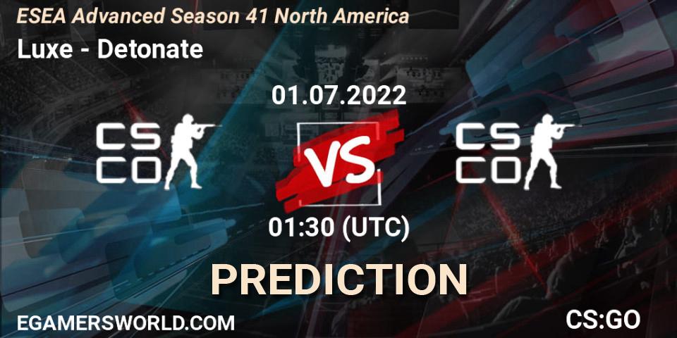 Prognoza Luxe - Detonate. 01.07.2022 at 00:30, Counter-Strike (CS2), ESEA Advanced Season 41 North America