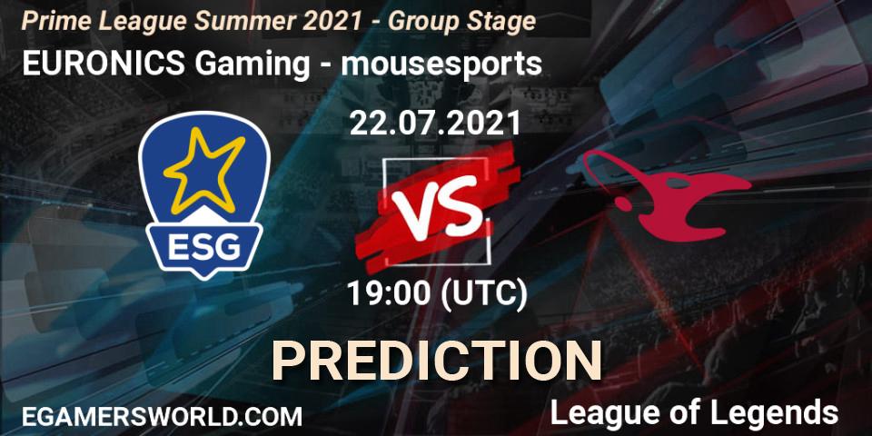 Prognoza EURONICS Gaming - mousesports. 22.07.21, LoL, Prime League Summer 2021 - Group Stage